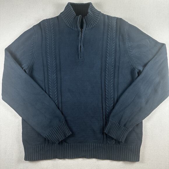 Calvin Klein Cable Knit Sweater Men L 100% Algodon Cotton Blue 1/4 Zip Pullover - Picture 1 of 8